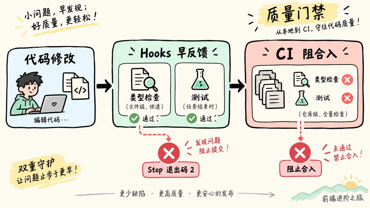 代码修改后由 Hooks 尽早反馈，CI 对类型检查和测试失败阻止合入