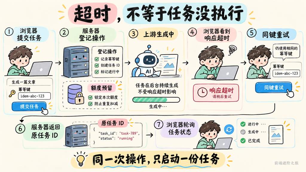 生成接口超时后复用幂等键返回原任务并避免重复预留额度