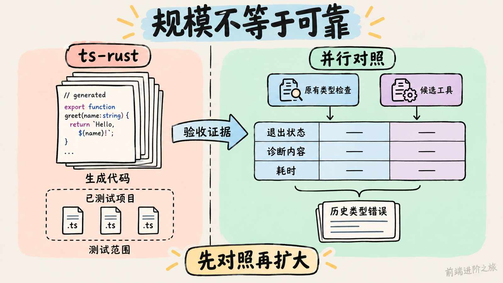 评估 ts-rust 时保留原有类型检查，对照退出状态、诊断内容与耗时，并补入历史类型错误。