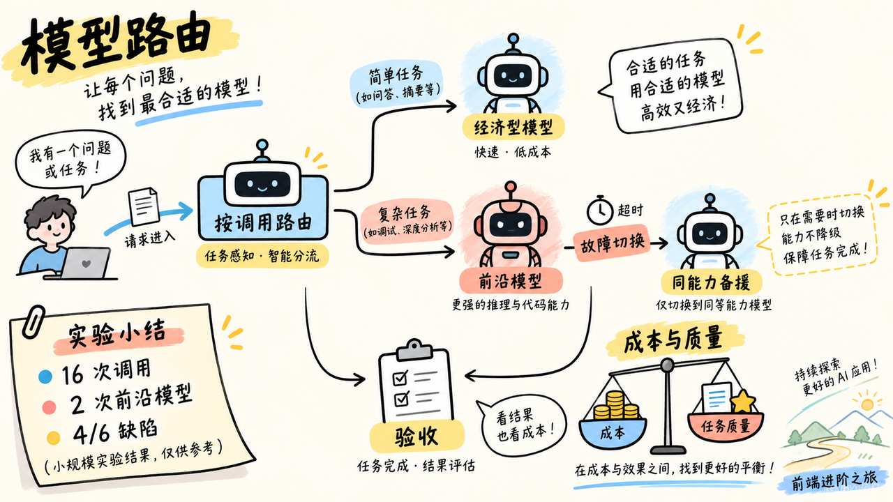 按调用复杂度路由模型，超时只切换到同等能力备援并同时评估成本与质量